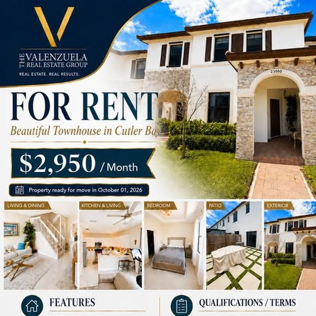 Maria's for-rent flyer for a three-bedroom townhouse in Cutler Bay at $2,950 a month
